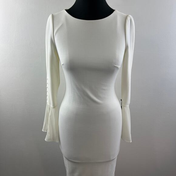 CALVIN KLEIN Cream Bell Sleeve Button Accent Knee Length Sheath Dress Size 2 NEW - Picture 4 of 12